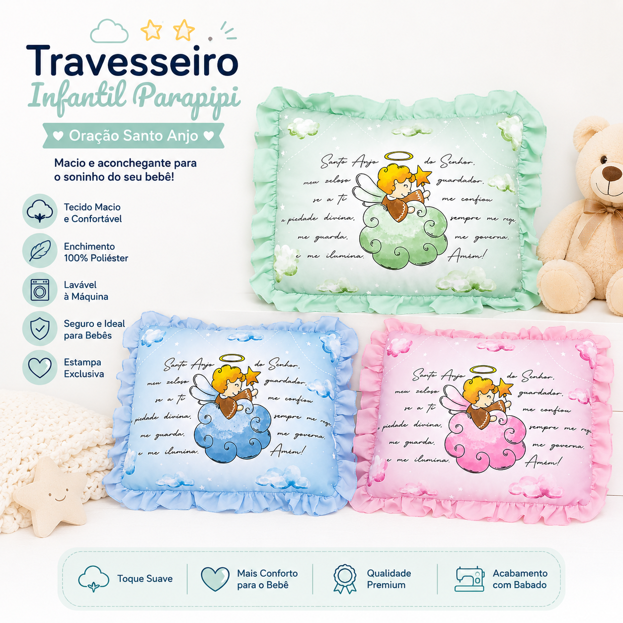 Travesseiro Infantil Parapipi Bebê Oração Santo Anjo Macio