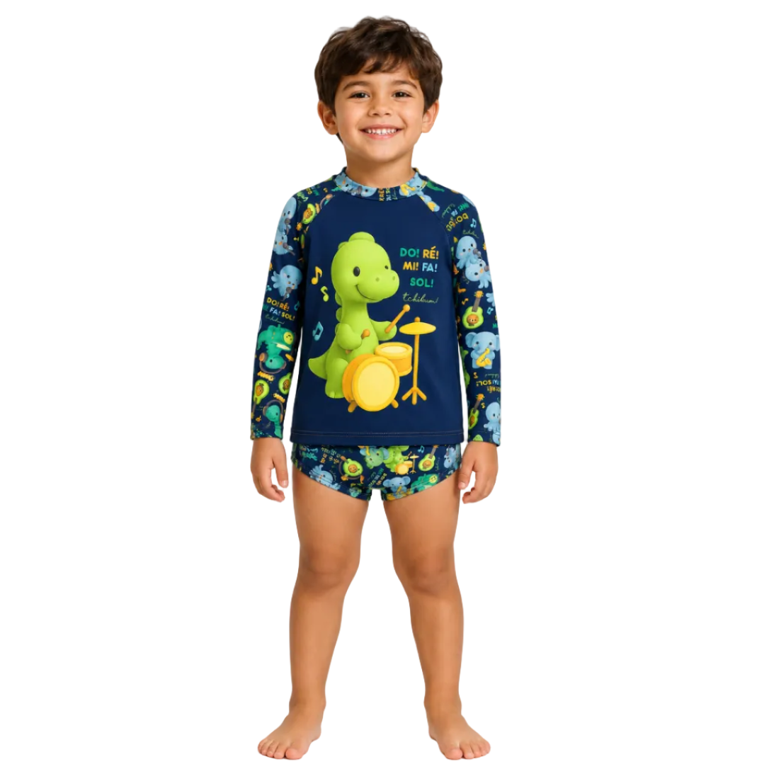 Conjunto Masculino Tchibum Dino Dó Ré Mi Fá Sol UV50+ Dry Fit