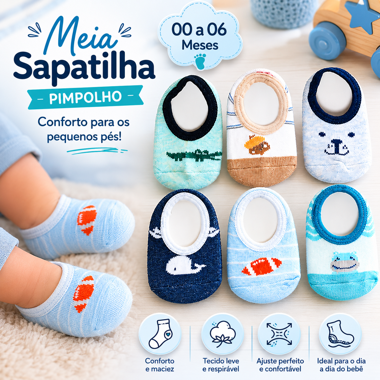 Meia Sapatilha Infantil Masculina Pimpolho Colorida 00 a 06 Meses