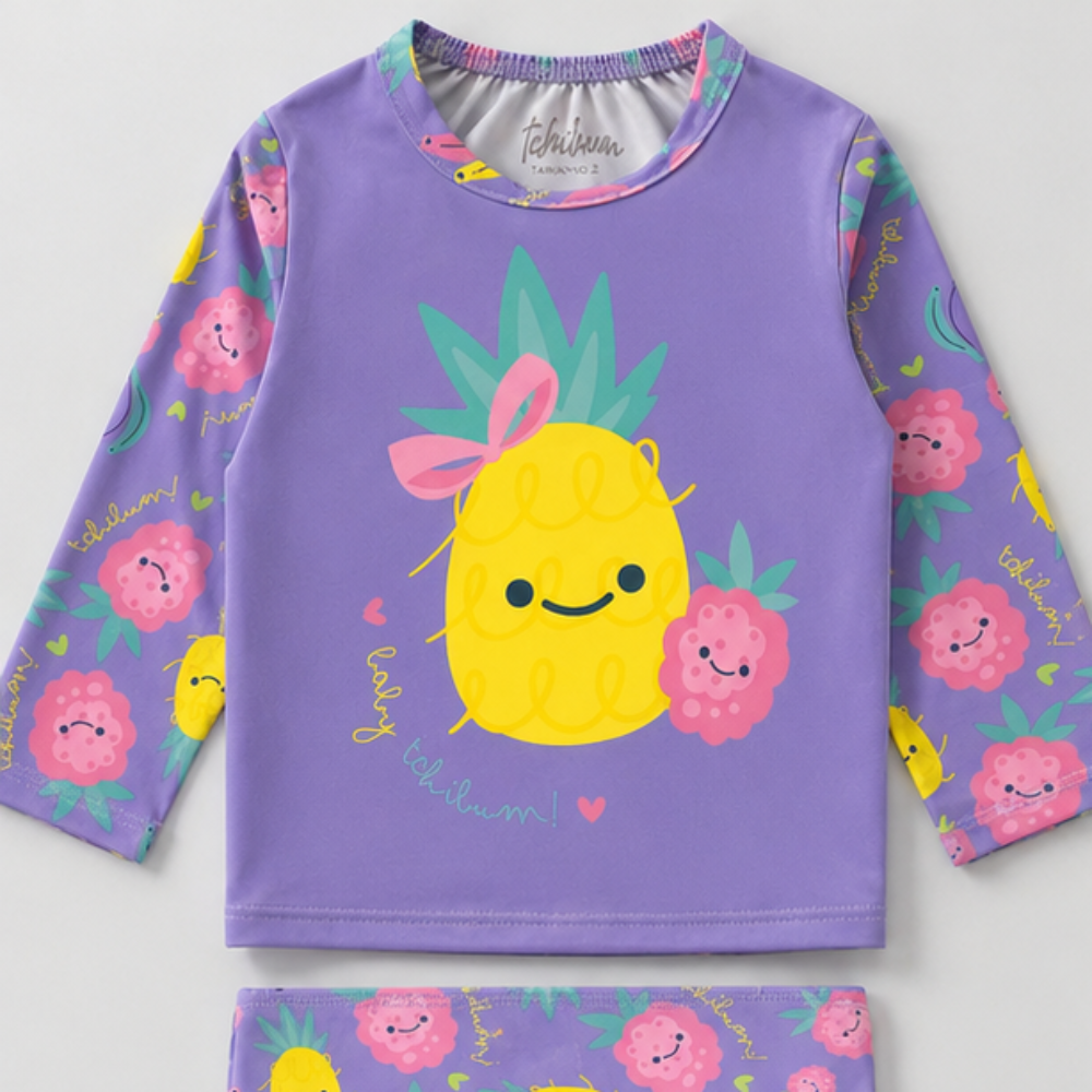 Conjunto Manga Longa Infantil Baby Kamylus Tchibum Abacaxi Proteção UV 50+ Dri-Fit Camiseta e Calcinha