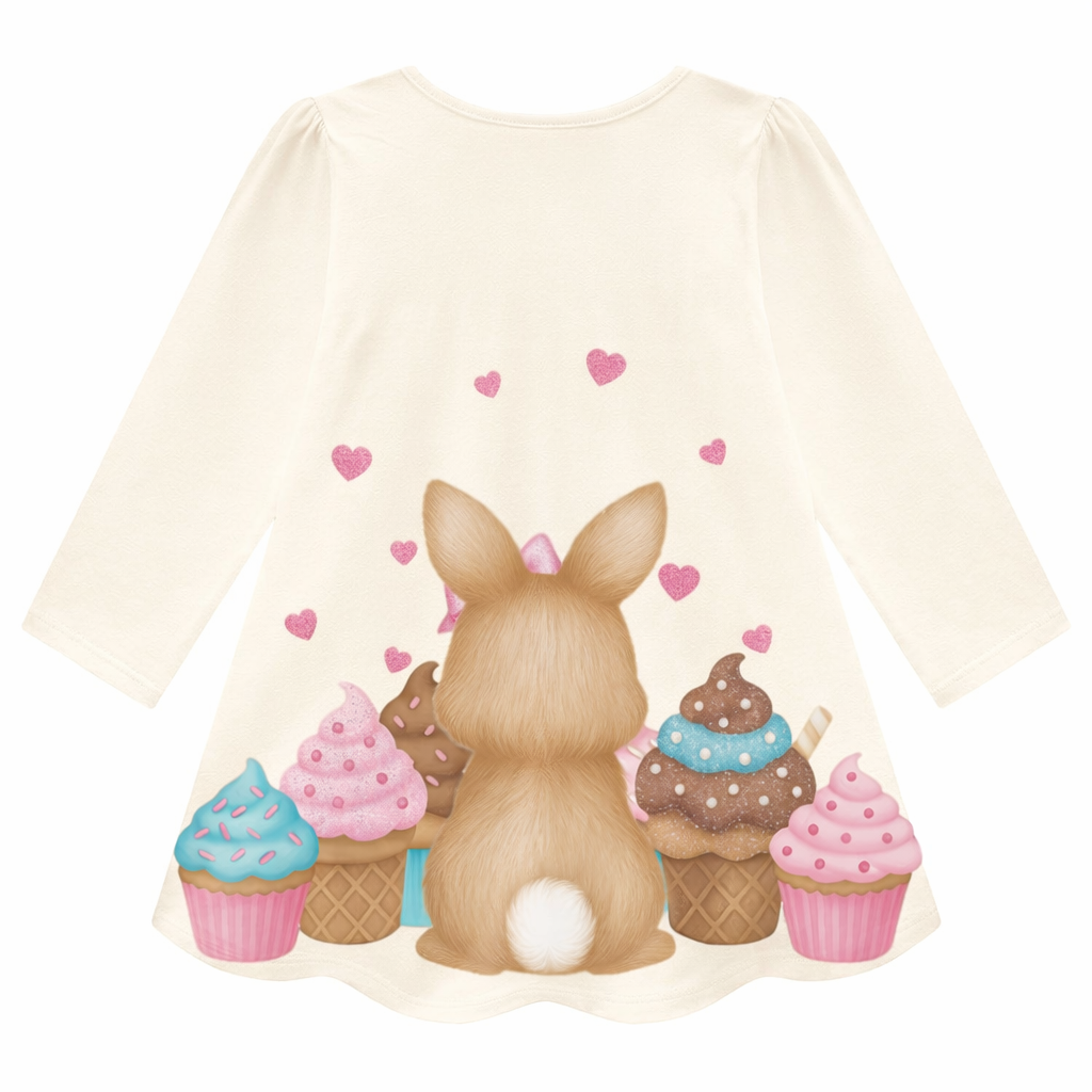 Vestido Infantil Feminino Kyly Manga Longa Coelhinha e Cupcakes