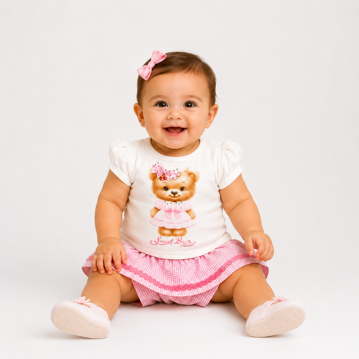 Conjunto Infantil Feminino Alakazoo Bebê Ursinha Sweet Bear e Short-Saia Xadrez
