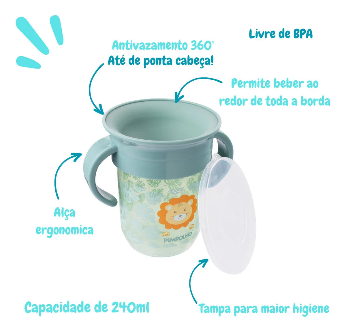 Copo Treinamento 360 Pimpolho Leao C/alca E Tampa +6 M - 240 Ml - Verde