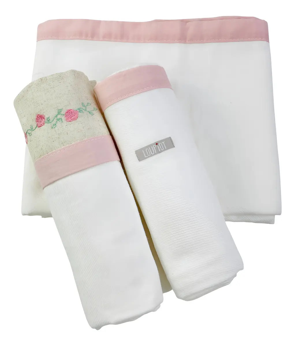 Kit Manta Cueiro Loupiot Nature Bordado Rolinho com 3 Peças 80x80 cm 100% Algodão