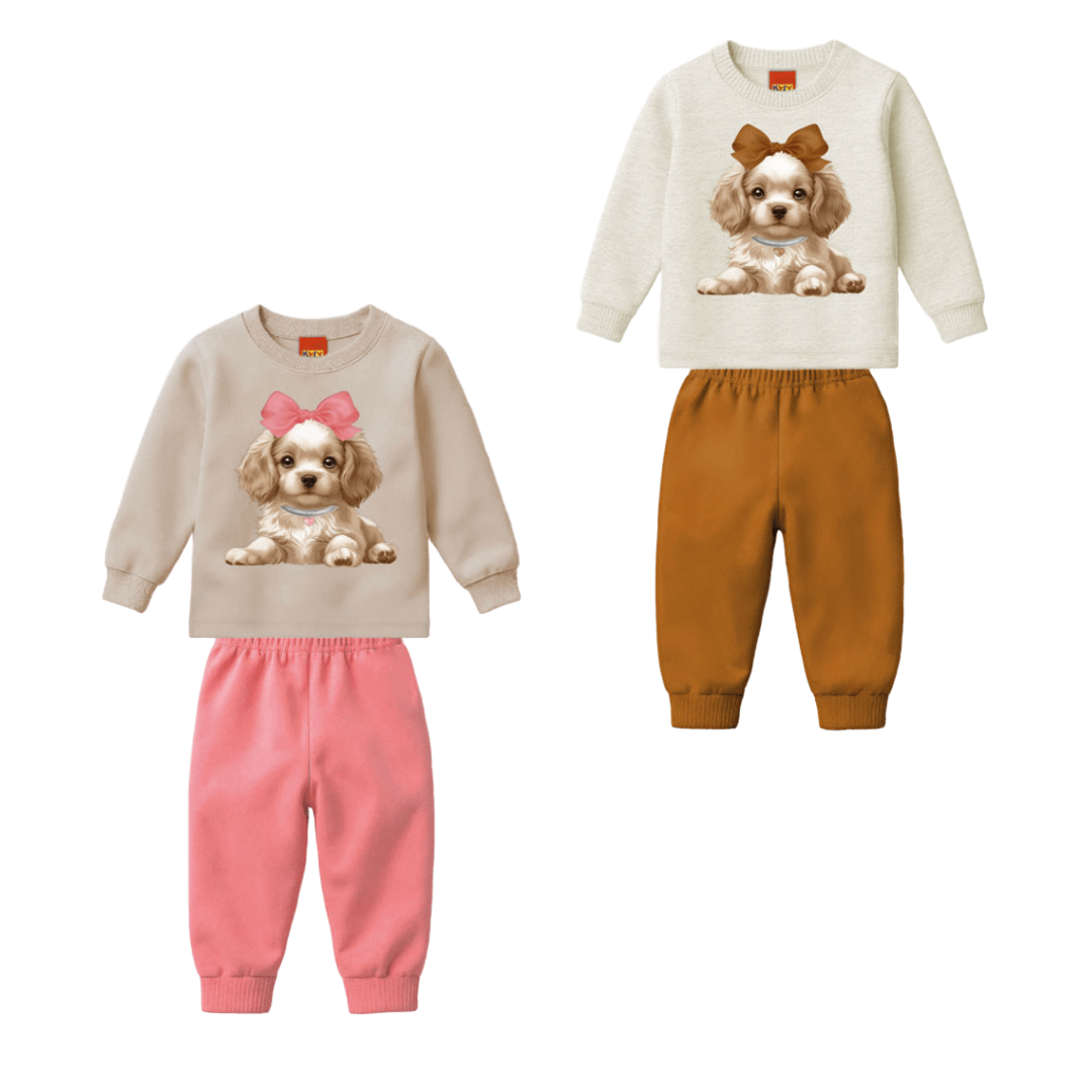 Conjunto Infantil Feminino Kyly em Moletom com Estampa de Cachorrinha e Laço
