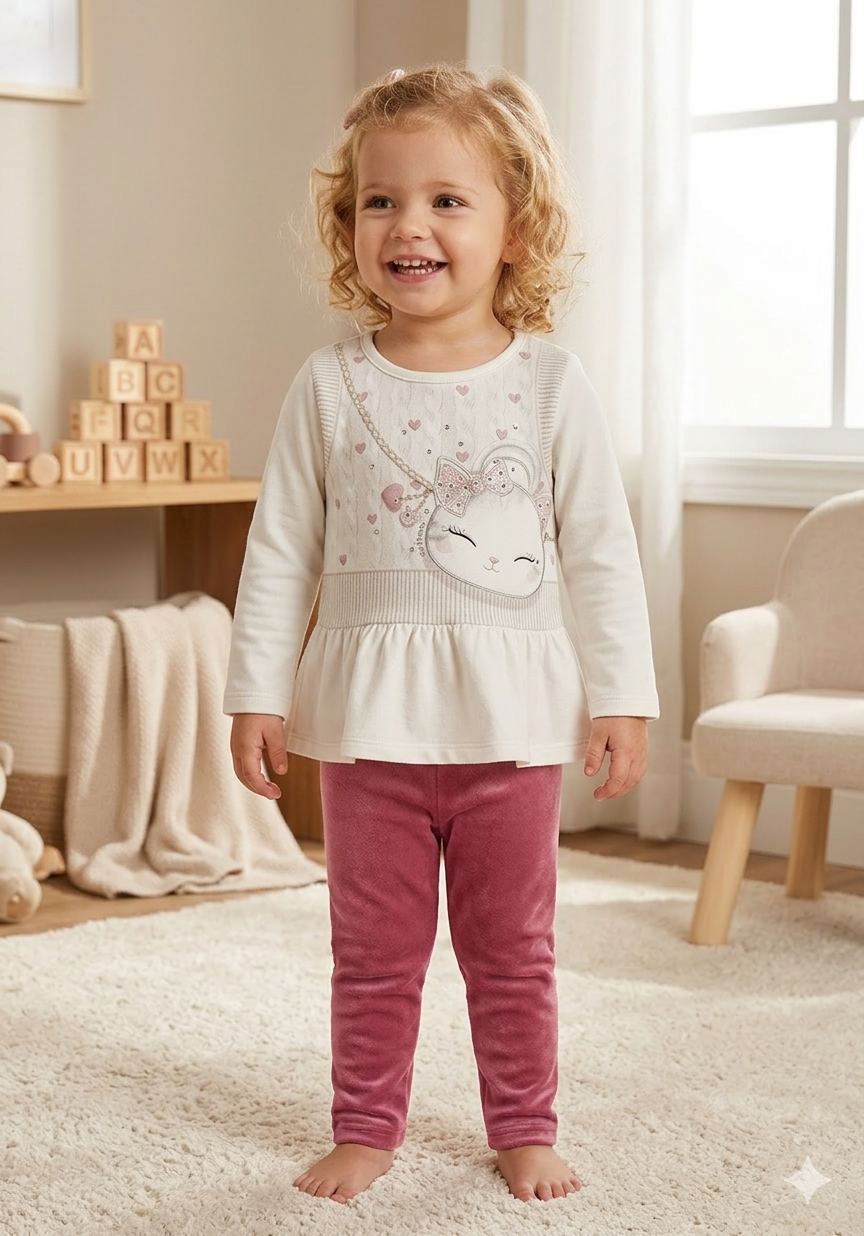 Conjunto Infantil Feminino Alakazoo Bolsa de Gatinha Manga Longa em Malha Modelli e Plush