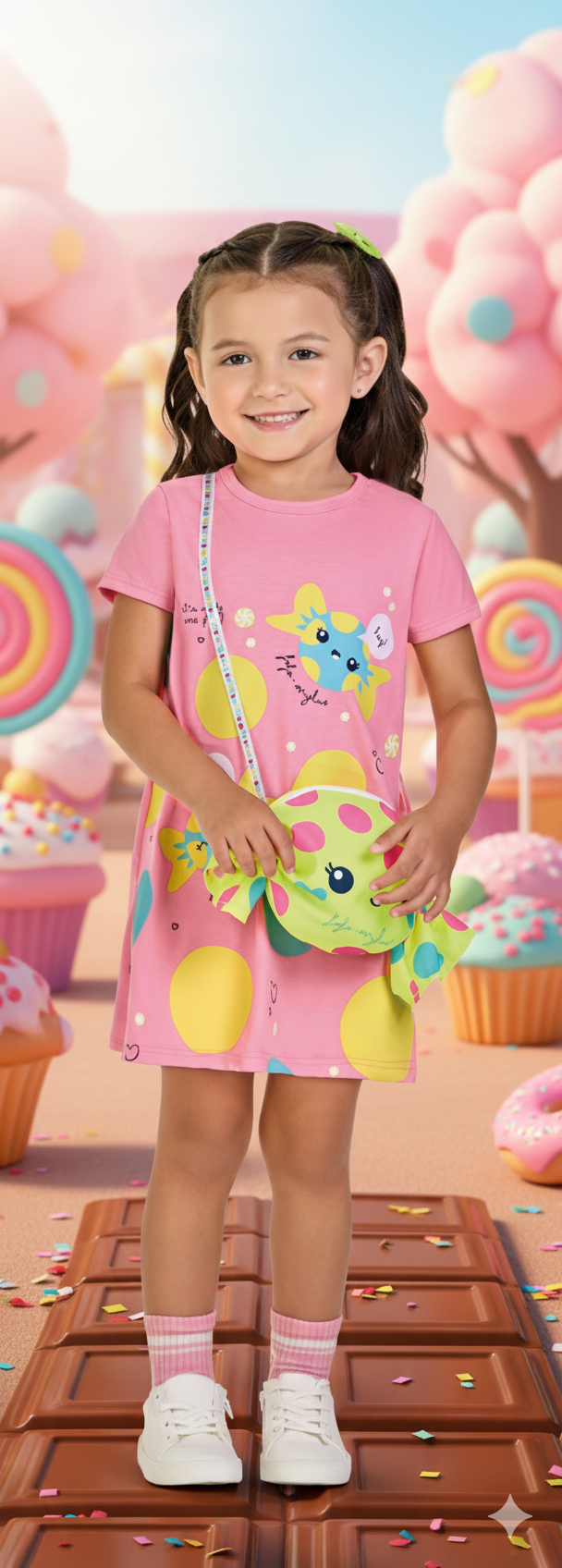 Vestido Infantil Kamylus Fofo com Bolsa de Bala – Microfibra Confortável – Look Completo