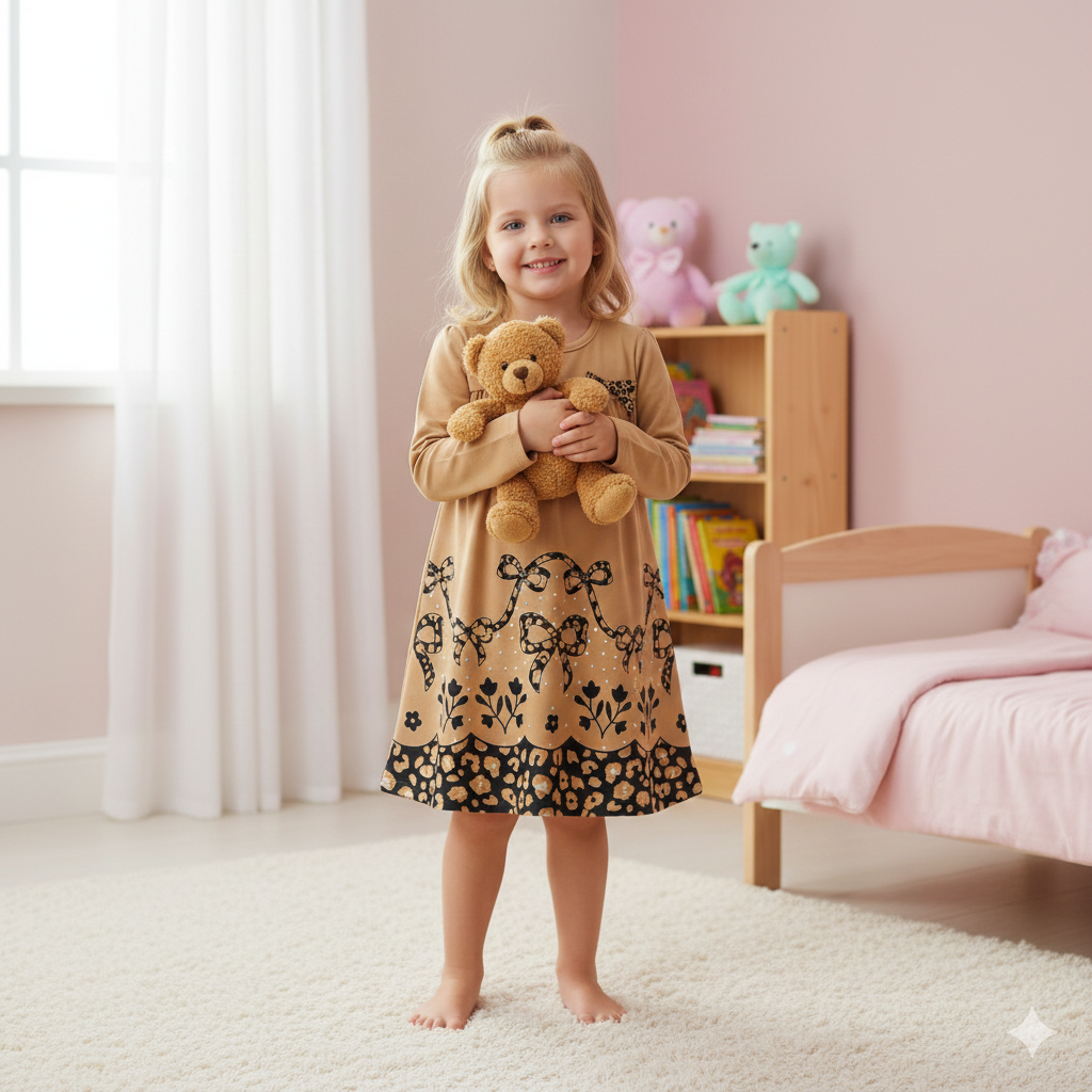 Vestido Infantil Milon Manga Longa Estampa Laços e Animal Print
