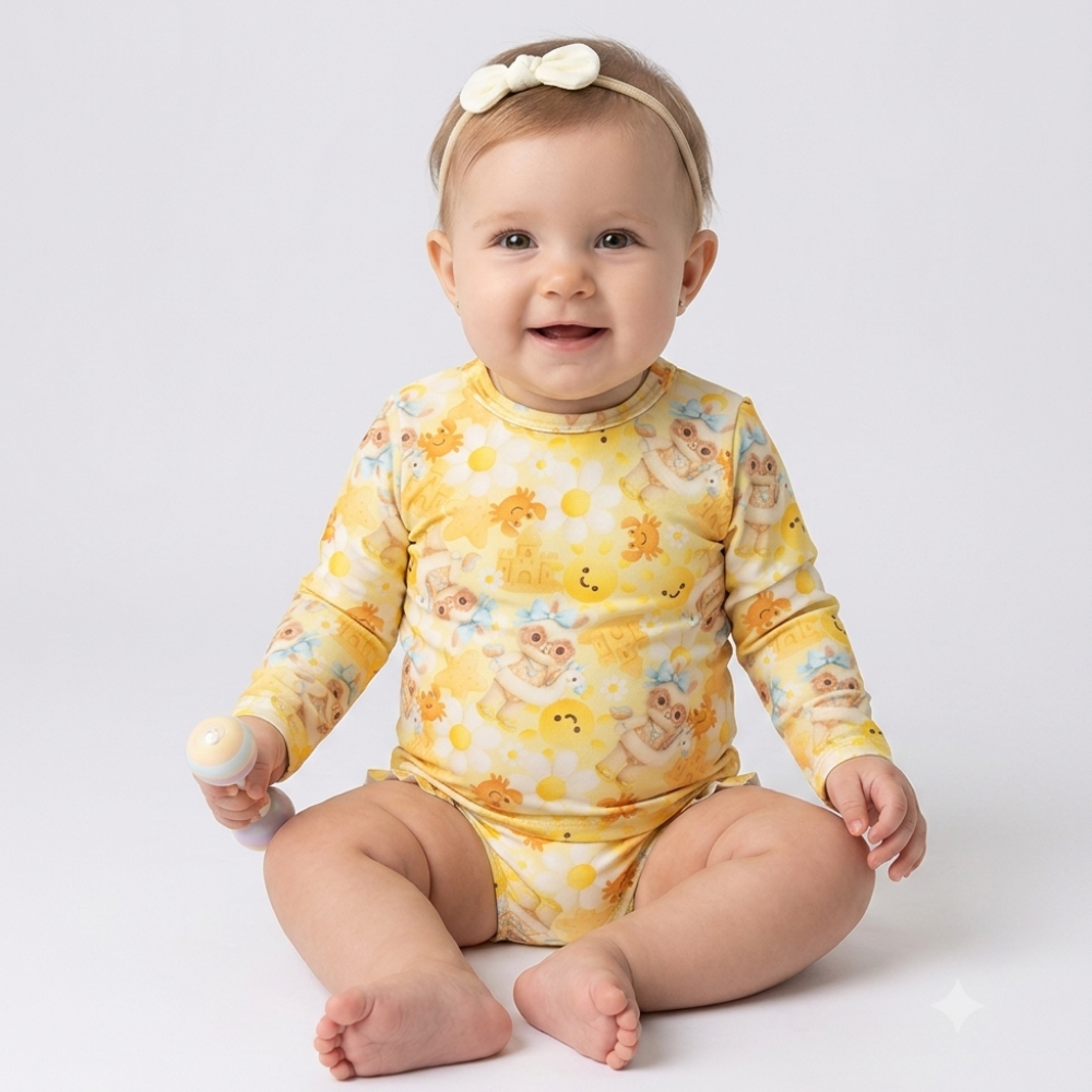Conjunto Manga Longa Infantil Baby Kamylus Tchibum Coelhinha na Praia Proteção UV 50+ Dri-Fit
