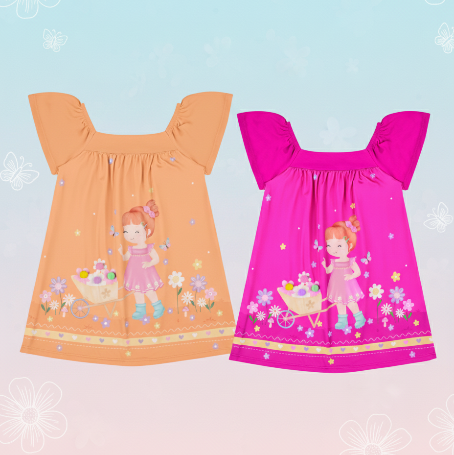 Vestido Infantil Kaiani Menina e Carrinho de Flores – Conforto, Delicadeza e Estilo