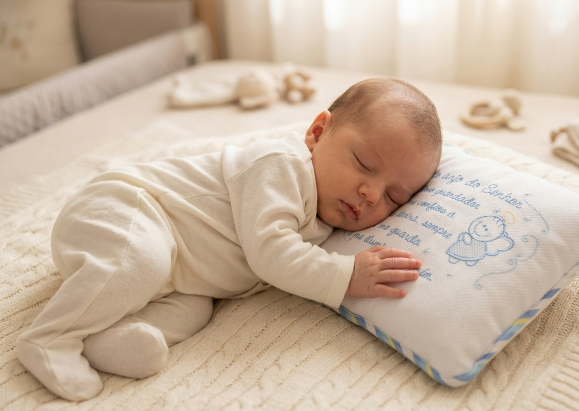 Travesseiro Infantil Anjo Bordado com Oração do Santo Anjo 28x35 cm