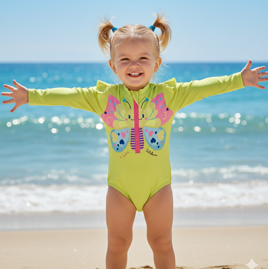 Maiô Infantil Manga Longa Kamylus Tchibum Borboleta UV50+ – Proteção Solar e Conforto