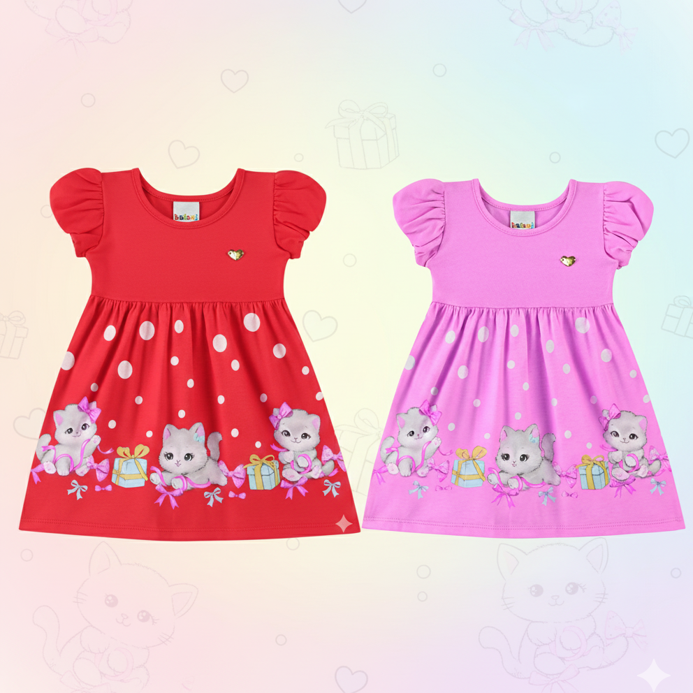 Vestido Infantil Kaiani Gatinhas e Presentes– conforto e fofura para o dia a dia