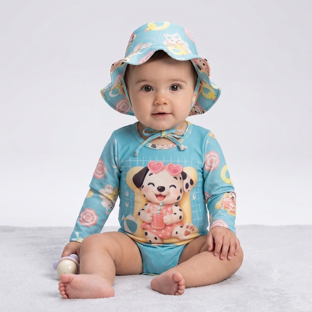 Maiô Manga Longa Infantil Baby Kamylus Tchibum Cachorrinha com Chapéu Proteção UV 50+ Dri-Fit