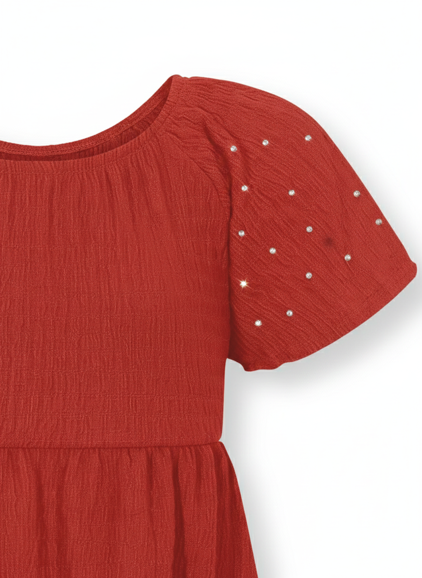 Vestido Infantil Alakazoo Malha Crinkle com Manga Strass