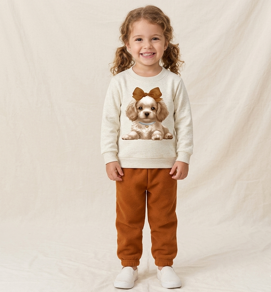 Conjunto Infantil Feminino Kyly em Moletom com Estampa de Cachorrinha e Laço