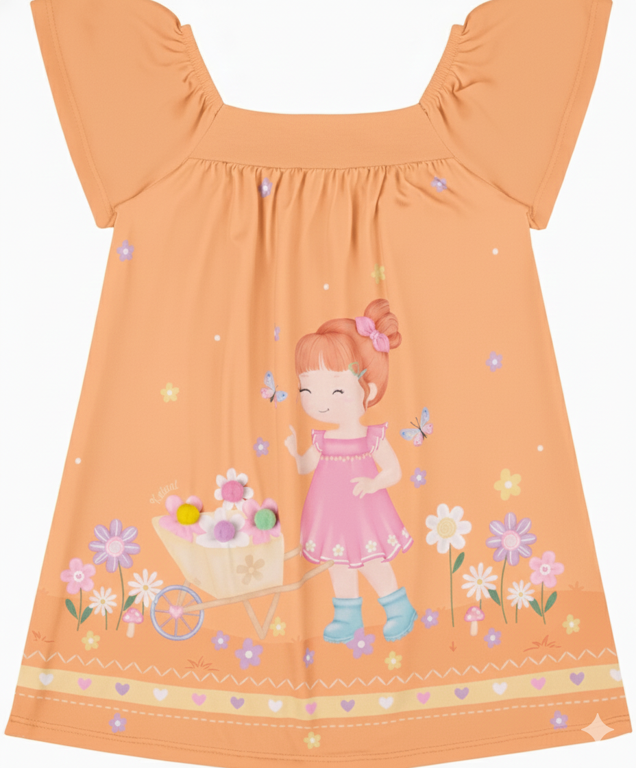 Vestido Infantil Kaiani Menina e Carrinho de Flores – Conforto, Delicadeza e Estilo