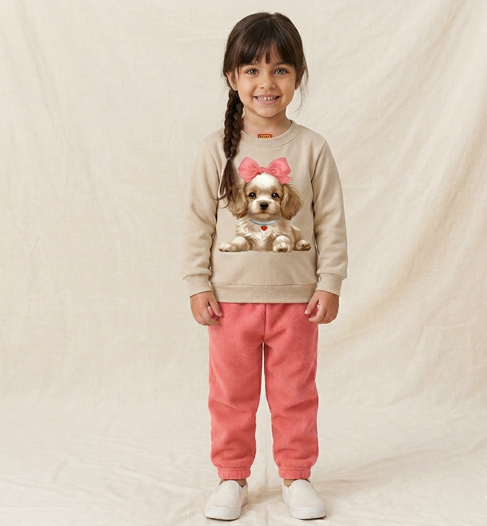 Conjunto Infantil Feminino Kyly em Moletom com Estampa de Cachorrinha e Laço