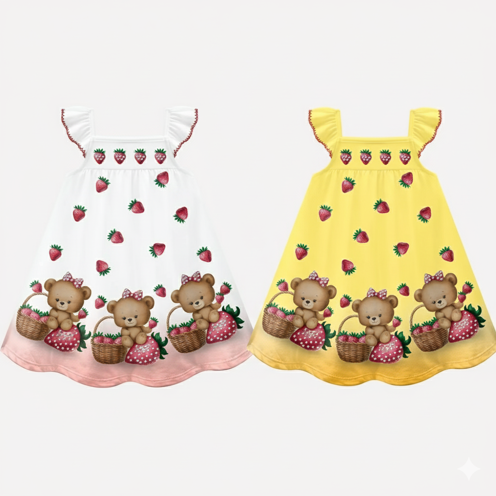 Vestido Infantil Kyly Ursinha e Morangos