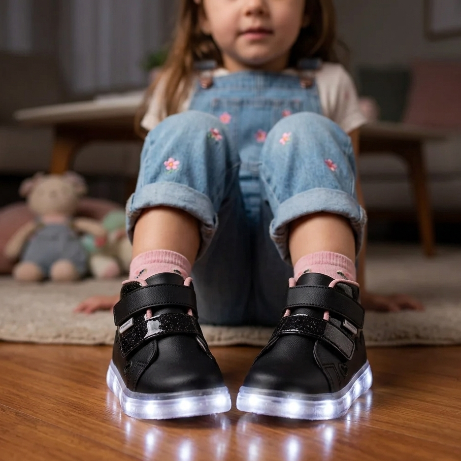 Tênis Cano Médio Pampili Sneaker Luz Glitter e Corações