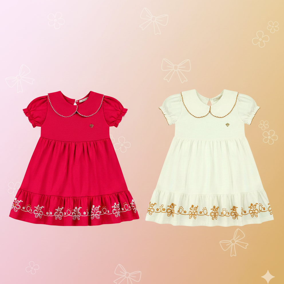 Vestido Infantil Tiny Joy Lacinhos com Gola – Delicado, Confortável e Charmoso