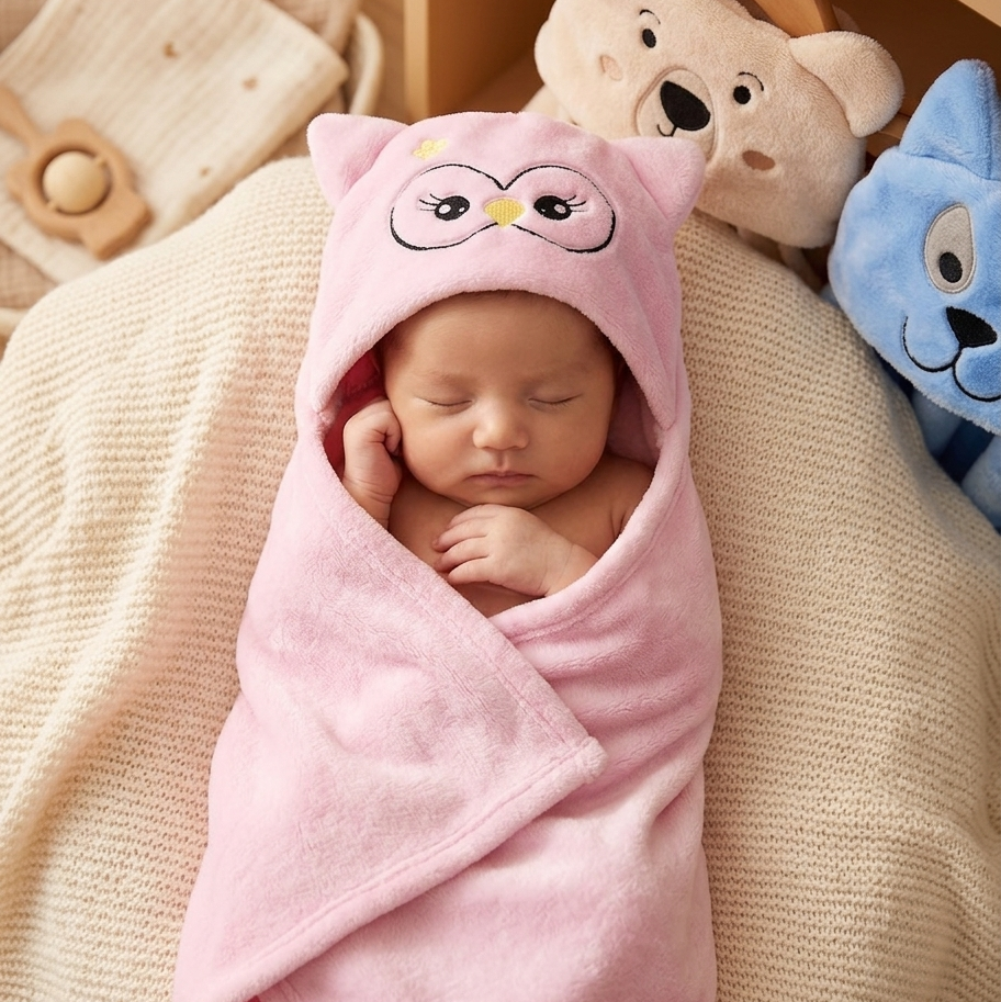 Cobertor Infantil Flannel com Capuz e Carinha Bordada 90x90 cm