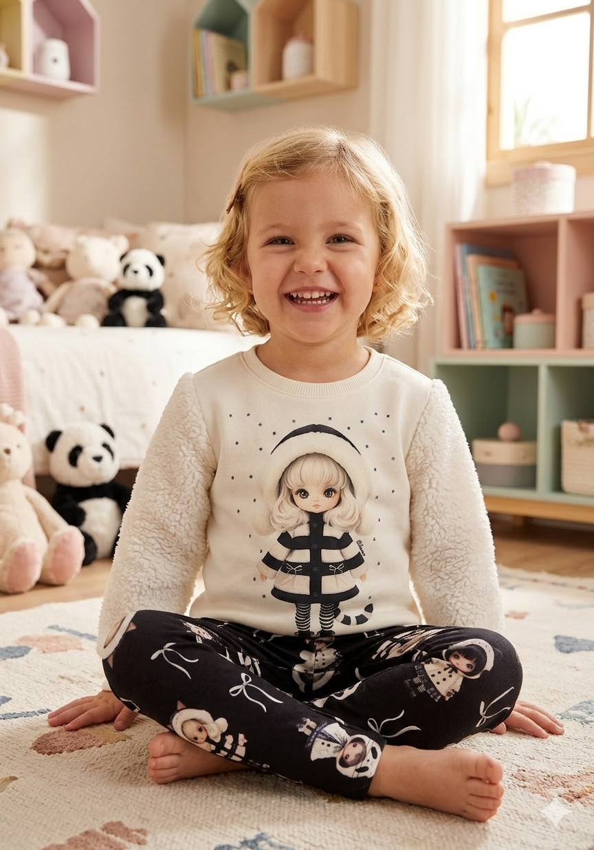 Conjunto Infantil Feminino Alakazoo Manga Longa em Malha Pelo e Viena