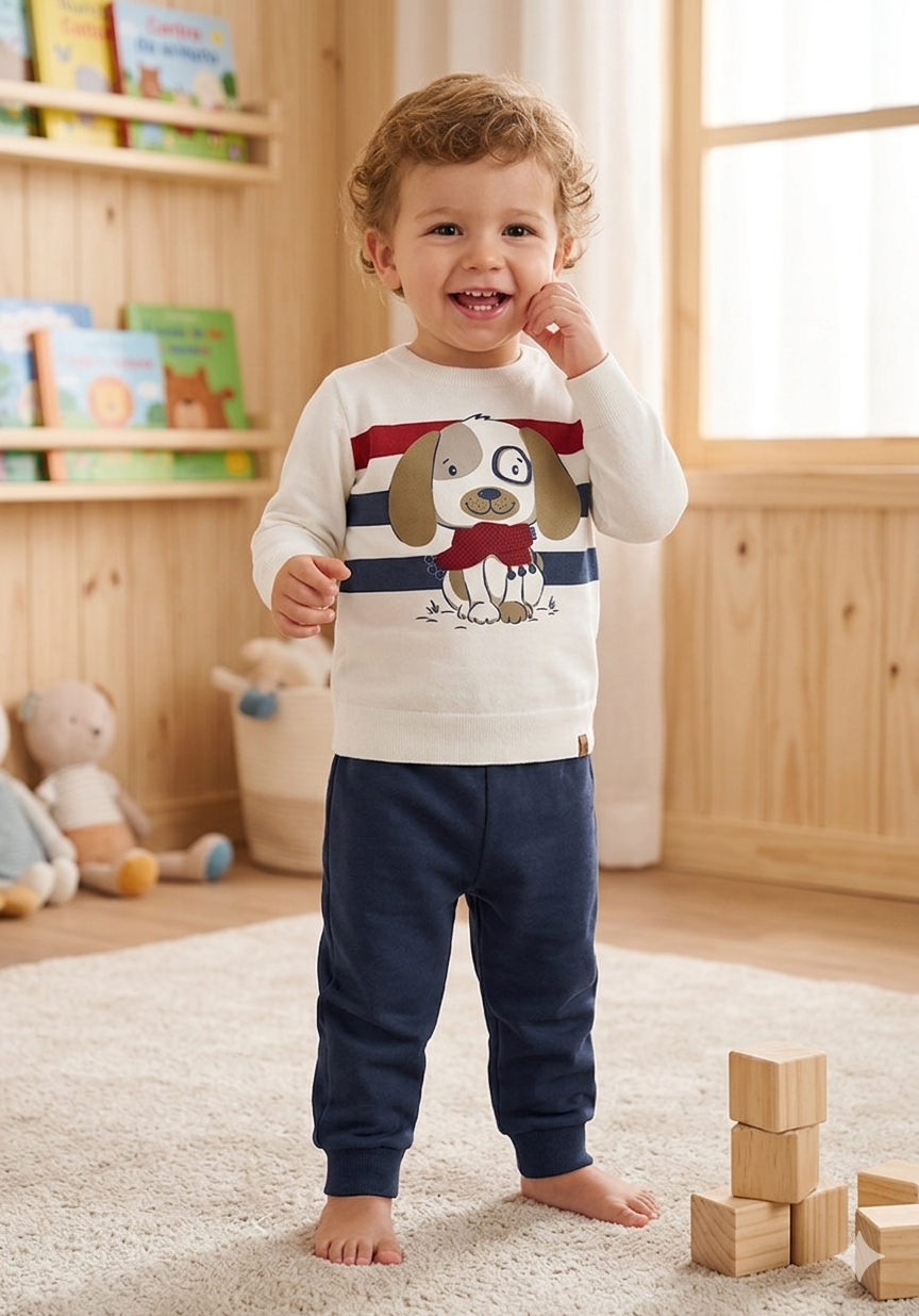 Conjunto Infantil Alakazoo em Moletom Felpado Estampa Cachorro e Listras