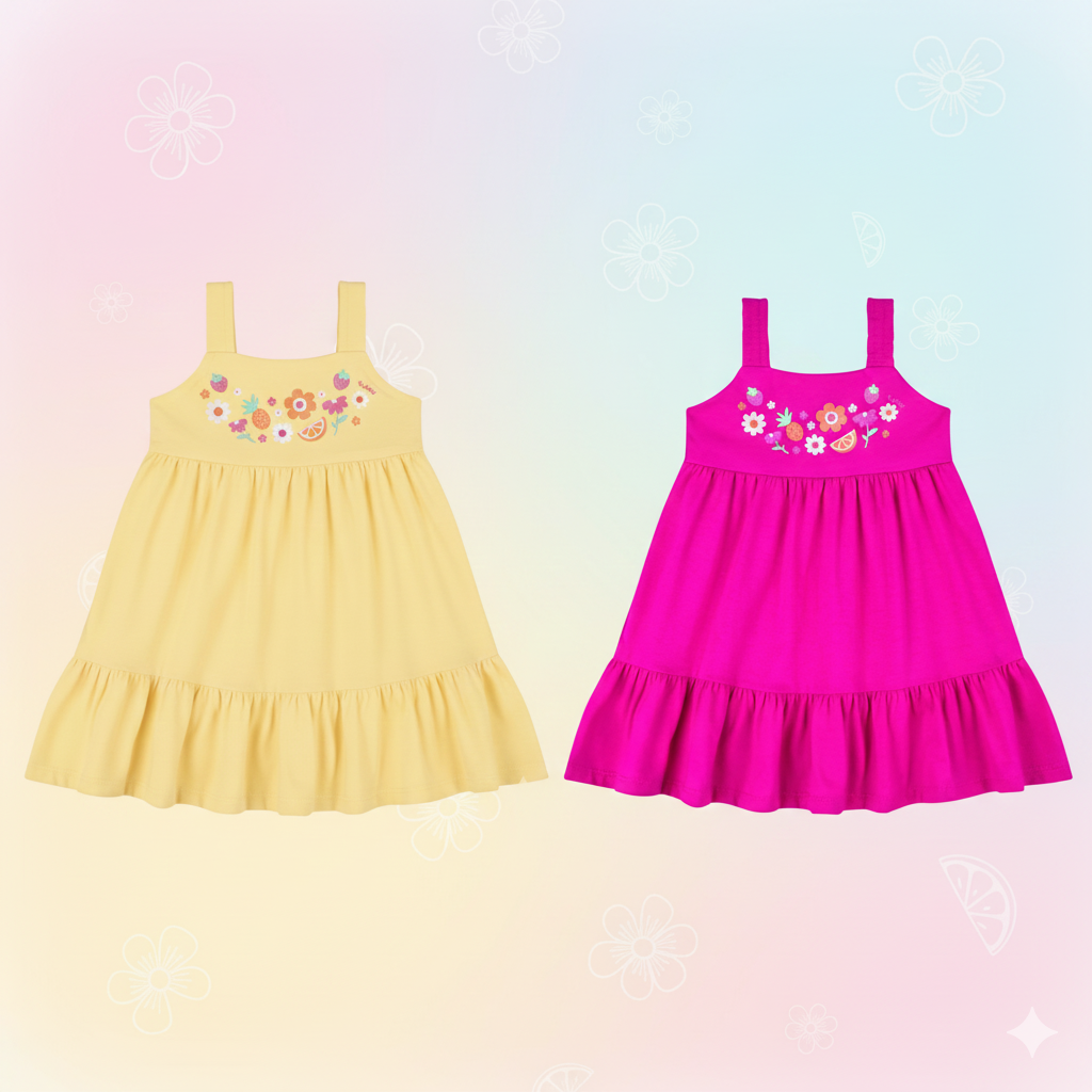 Vestido Infantil Kaiani Flores e Frutinhas – conforto e charme para o dia a dia