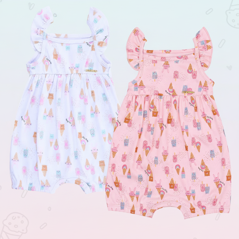 Macacão Infantil Feminino Kiko Baby Curto Sorvetes e Picolés – Conforto e Estilo para o Verão
