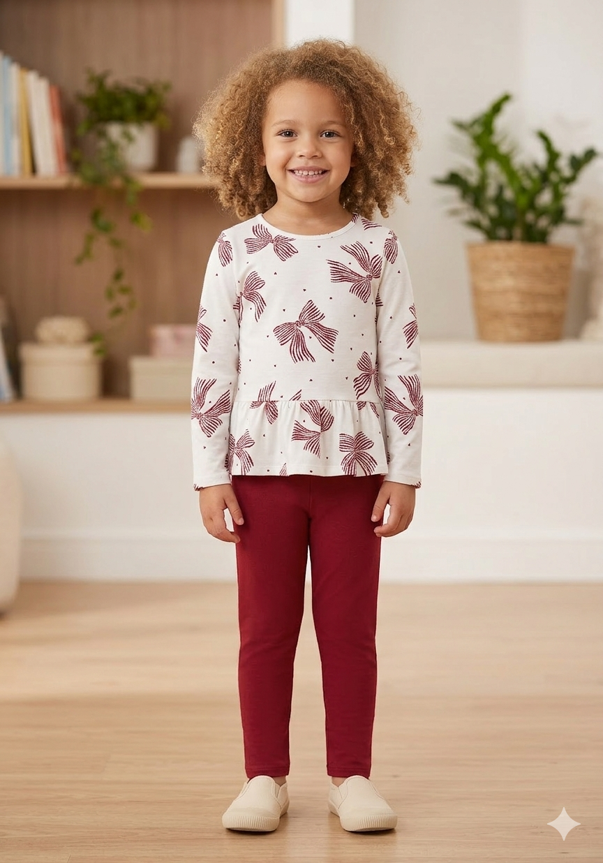 Conjunto Infantil Feminino Alakazoo Manga Longa Meia Malha Penteada Laços