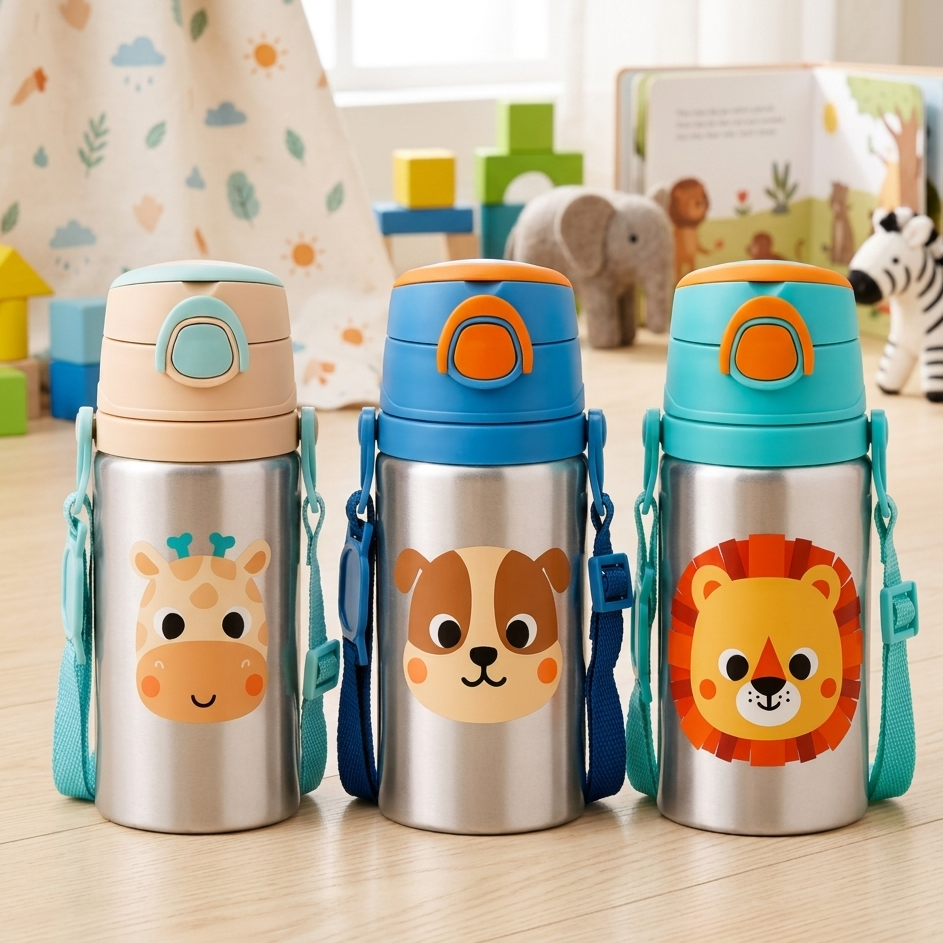 Garrafinha Infantil de Alumínio Buba Zoo +3 Anos com Canudo 450ml