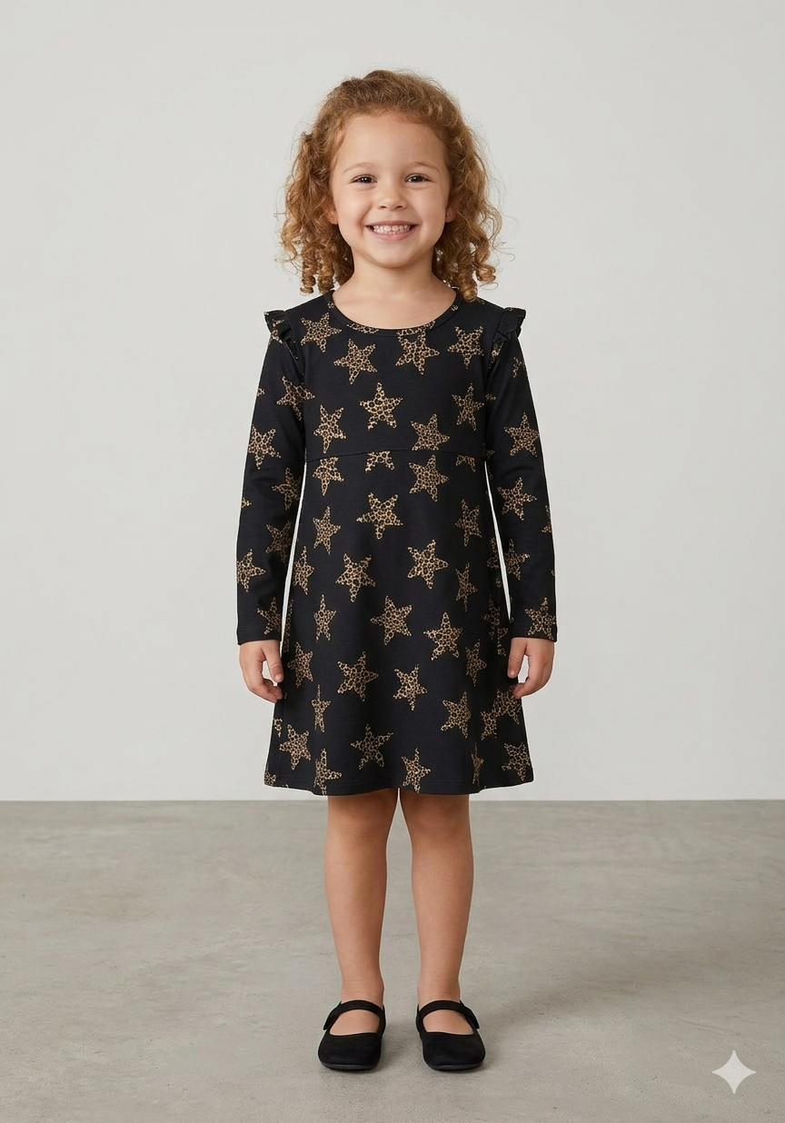 Vestido Infantil Alakazoo Manga Longa Estrelas Animal Print Preto
