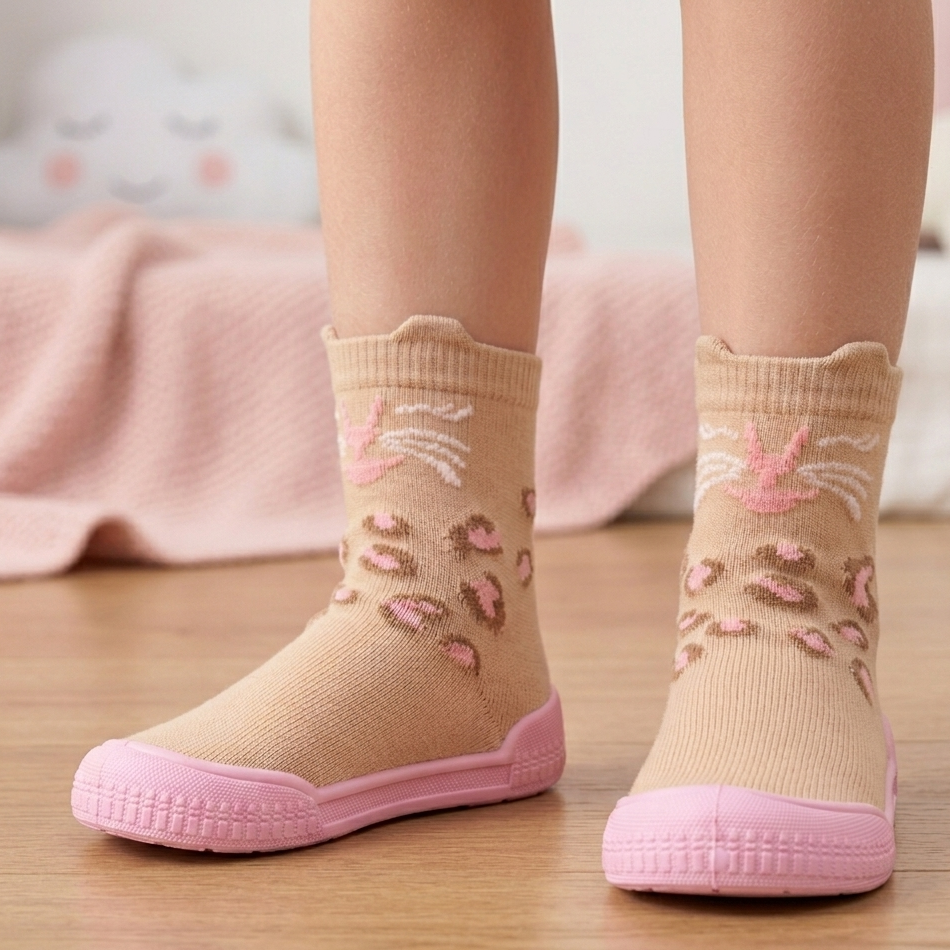 Meia com Sola Infantil Menina Pimpolho Comfort Tigresa Lúdica Antiderrapante