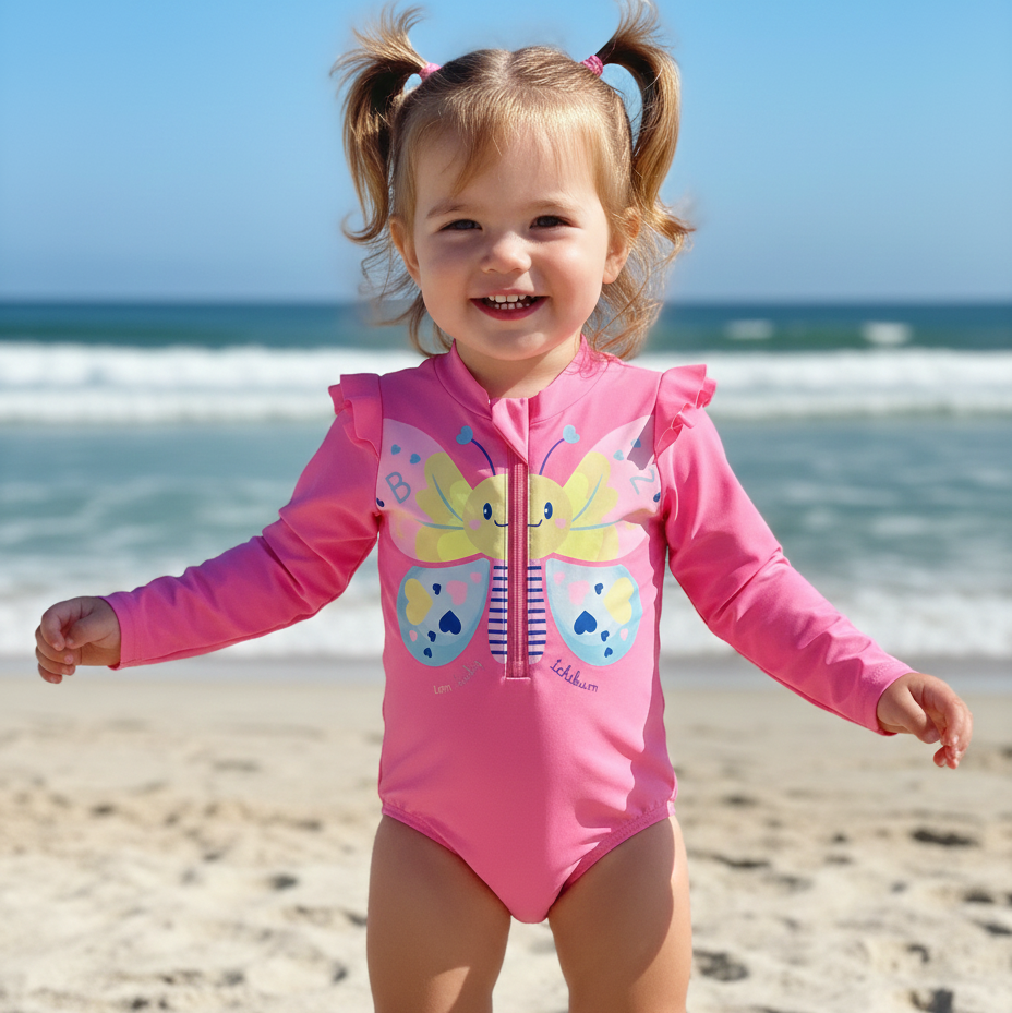 Maiô Infantil Manga Longa Kamylus Tchibum Borboleta UV50+ – Proteção Solar e Conforto
