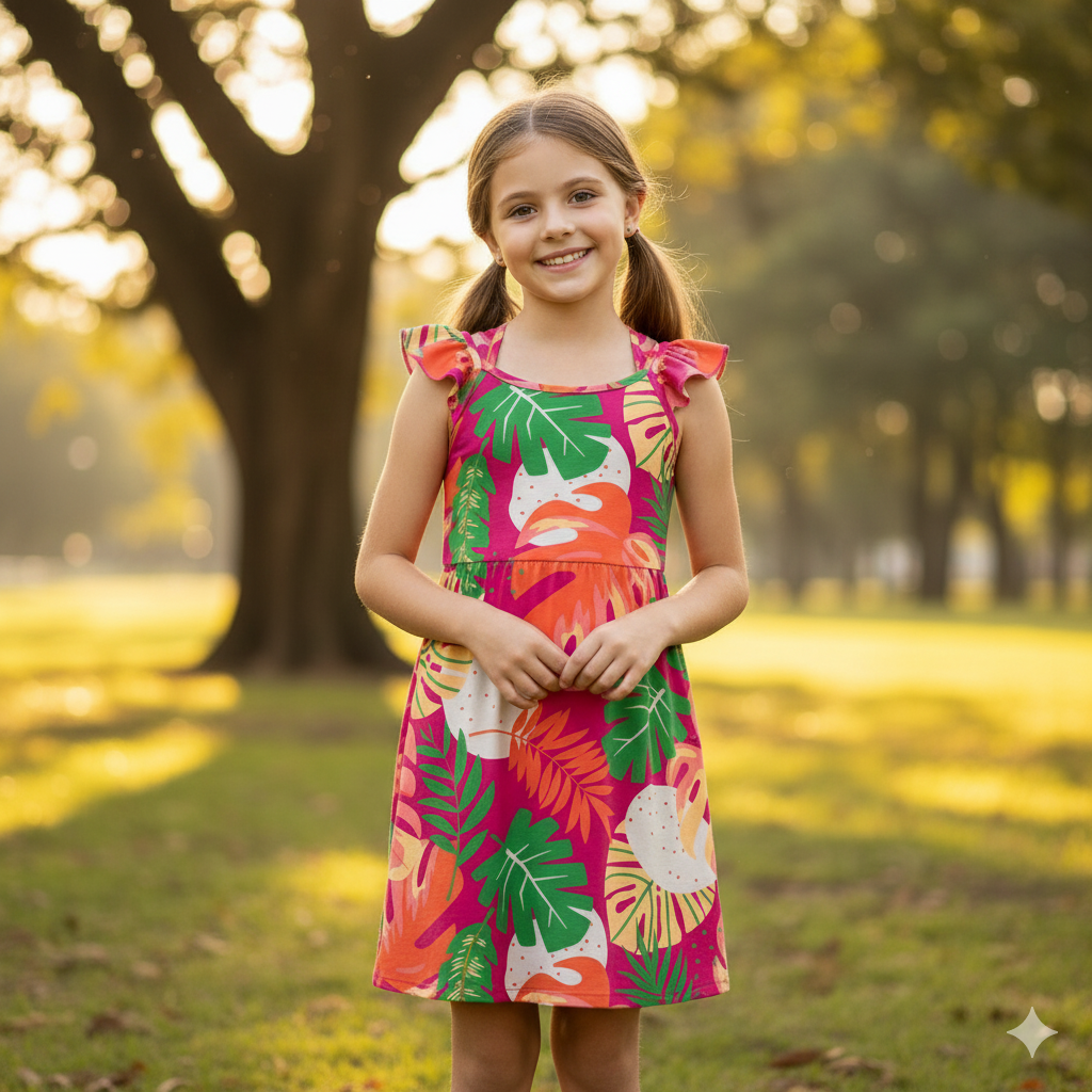 Vestido Infantil Feminino Kyly Folhagens Tropicais
