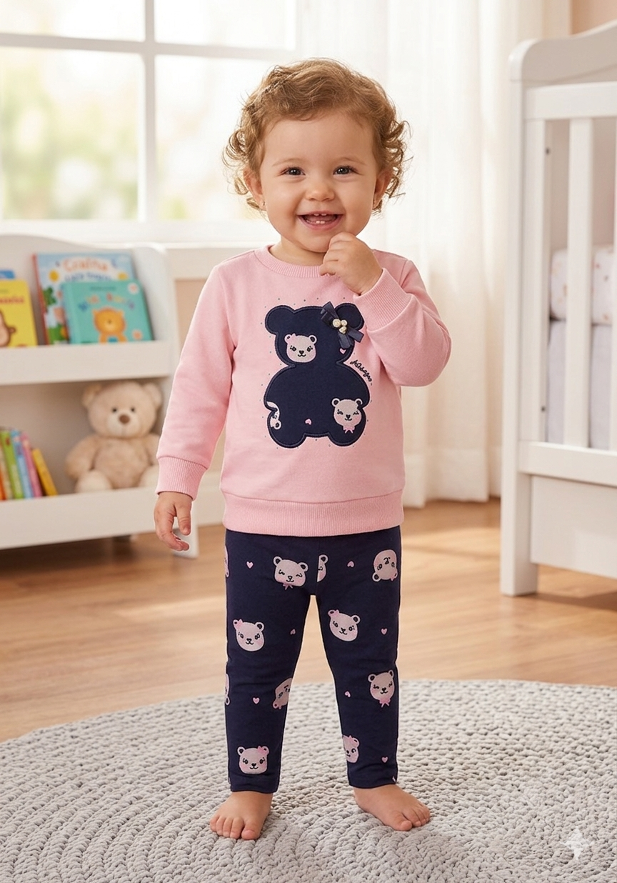 Conjunto Infantil Feminino Alakazoo Ursinha em Moletom e Molecotton com Aplique