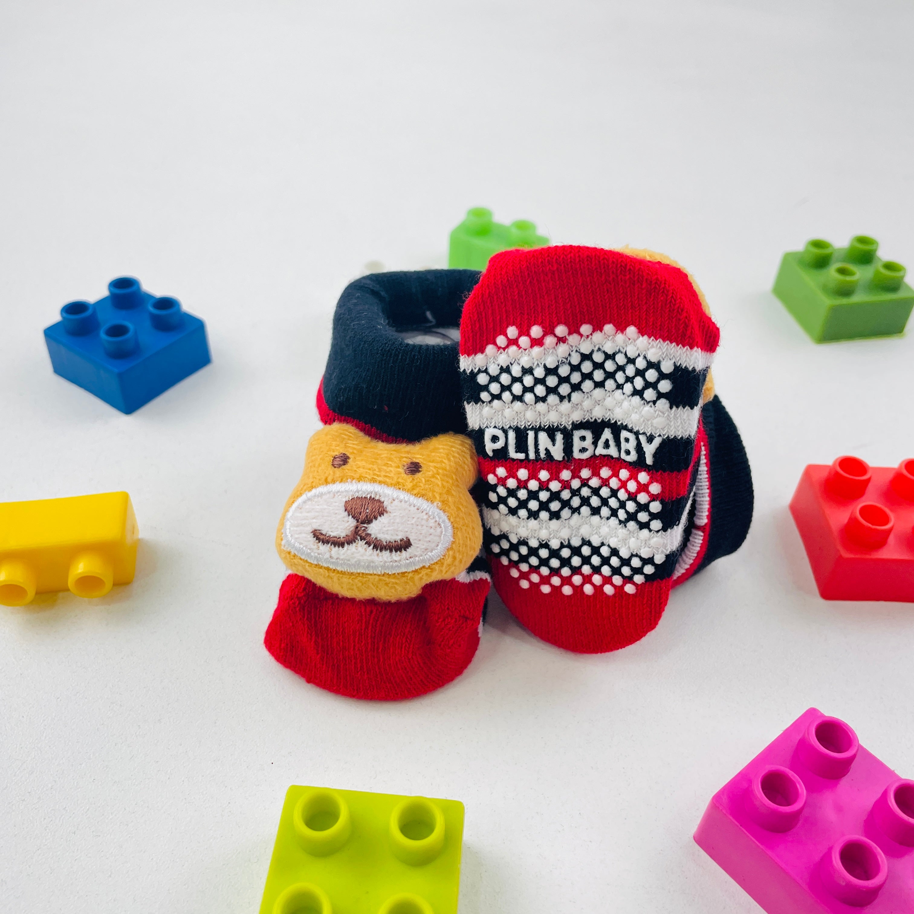 Meia Bichinhos Plin Baby Urso Listras Antiderrapante - Vermelho