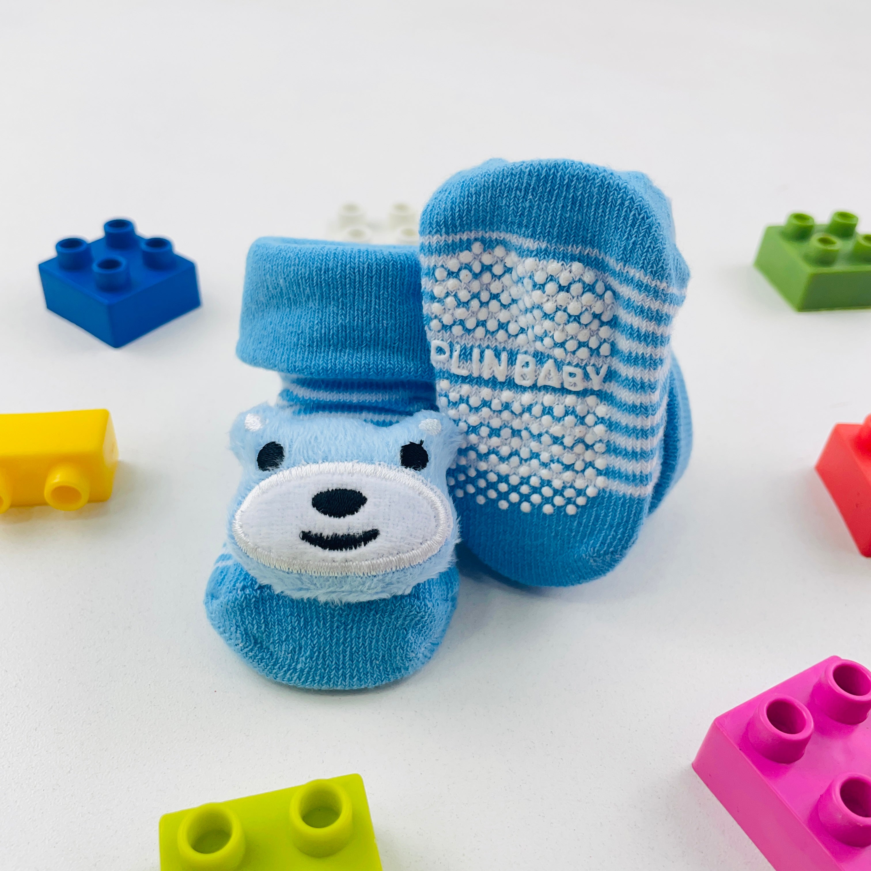 Meia Bichinhos Plin Baby Baby Urso Listras Antiderrapante Azul