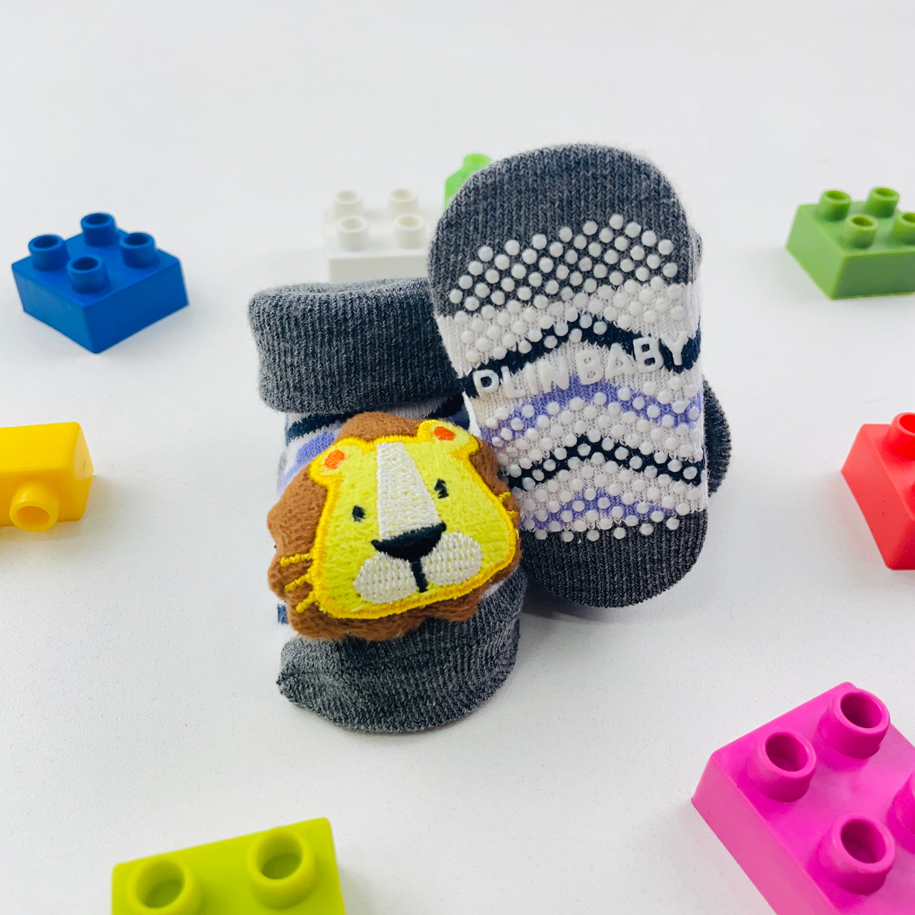 Meia Bichinhos Plin Baby Leão Antiderrapante Cinza