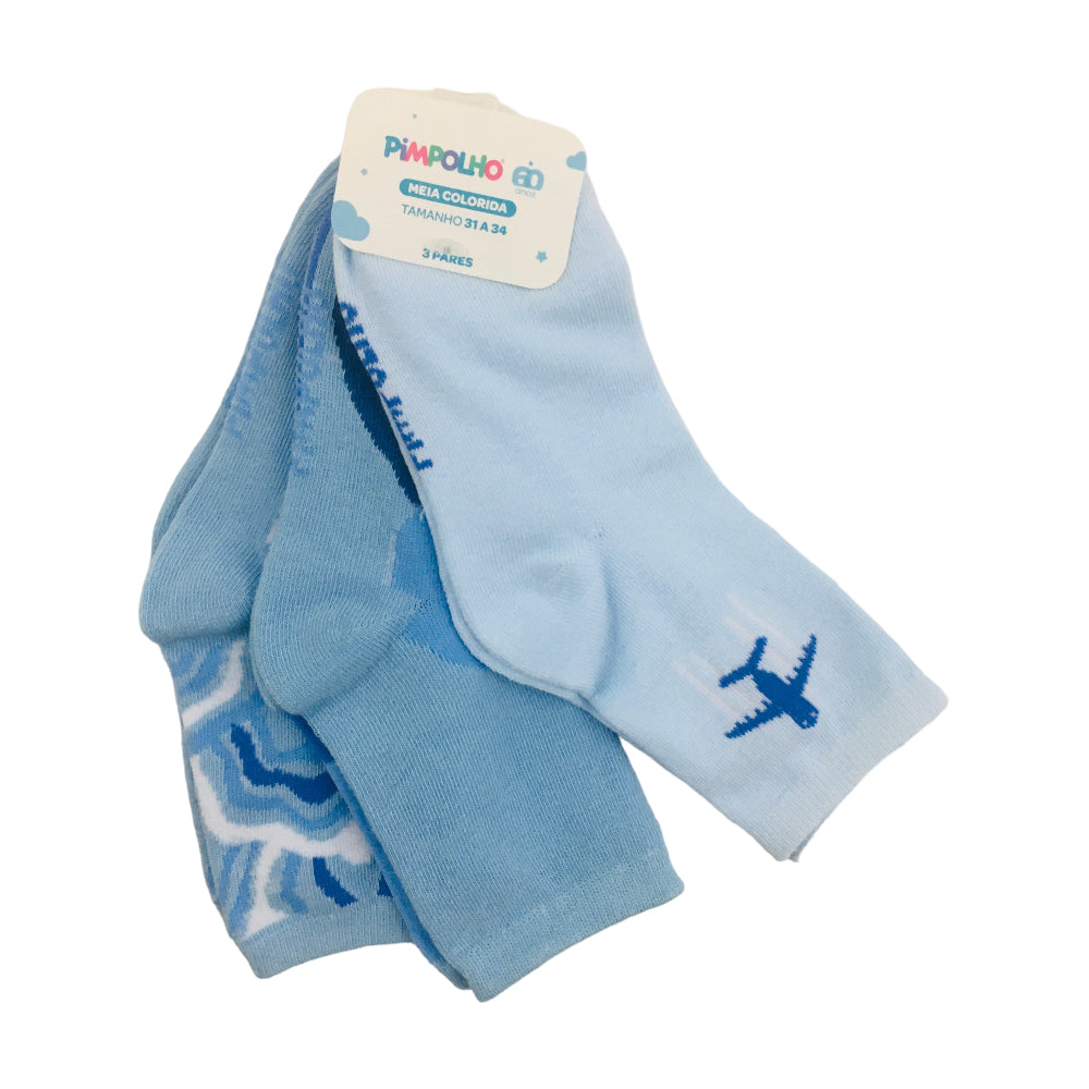 Kit Meia Colorida Pimpolho Masculina 31 a 34 Avião Com 3 Pares