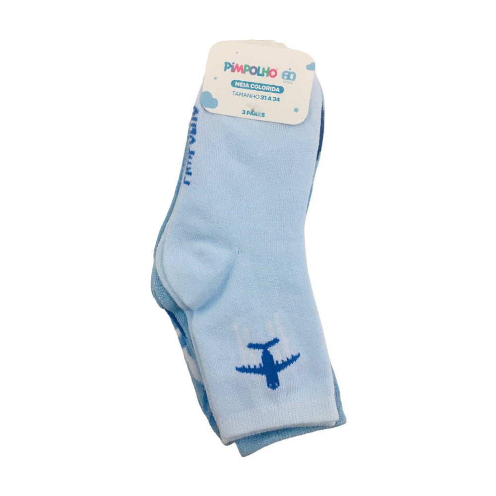 Kit Meia Colorida Pimpolho Masculina 31 a 34 Avião Com 3 Pares