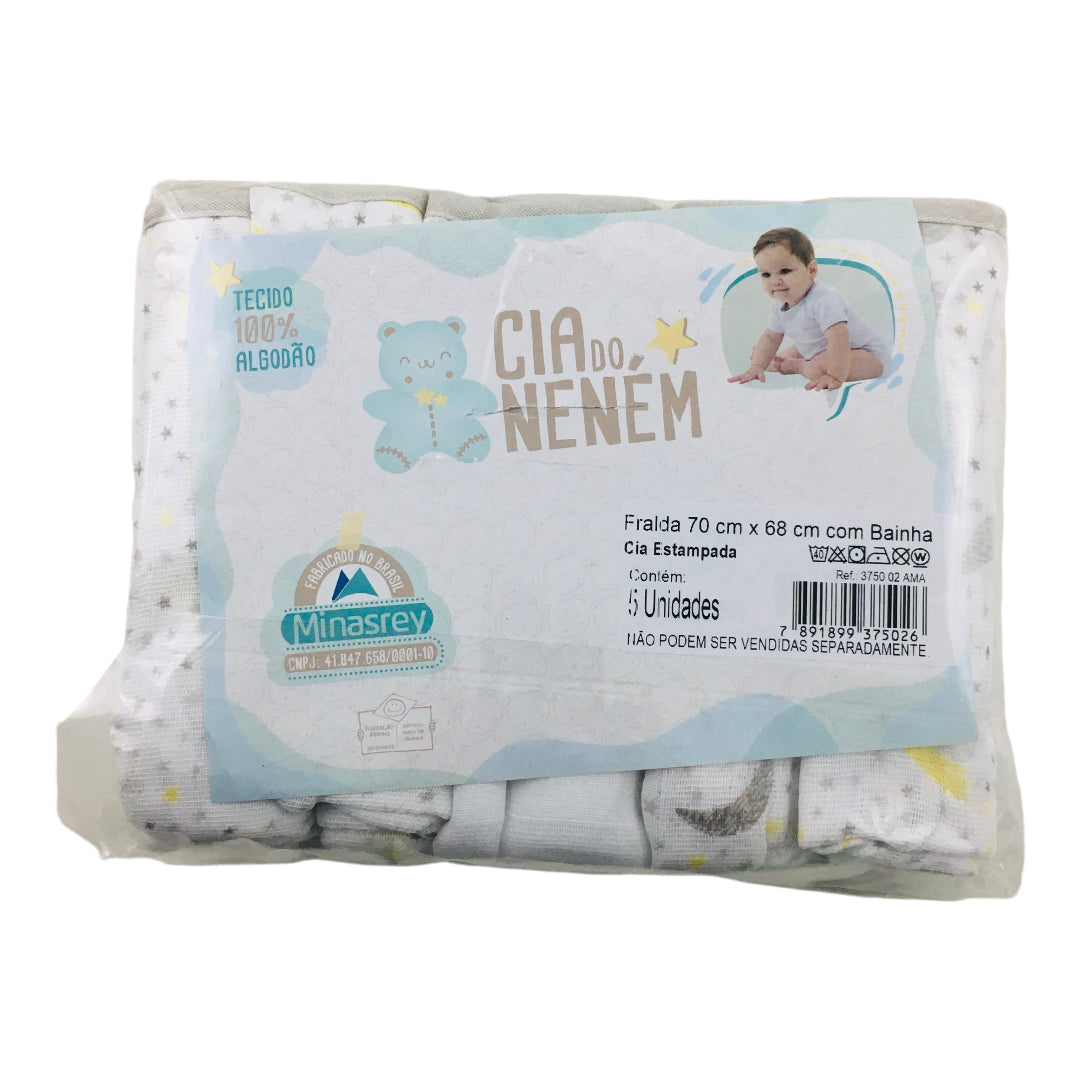 Kit Fralda Cia Do Nenem Com Bainha 5 Peças