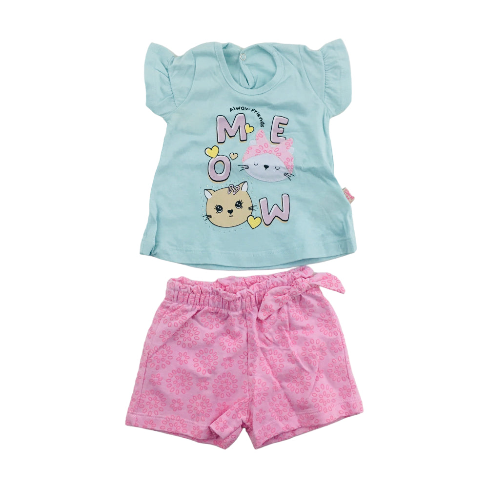 Conjunto Feminino Brincar E Arte Meow Blusa Meia Manga E Short Moletinho