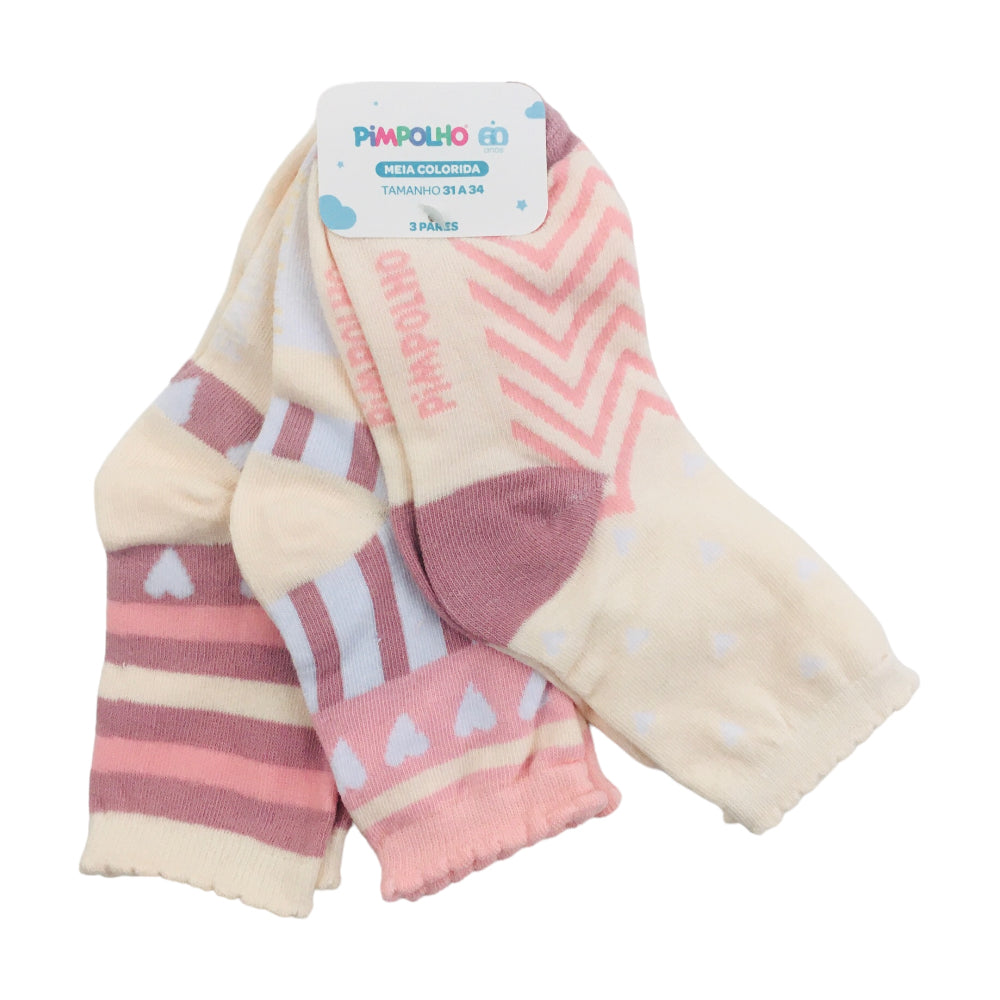 Kit Meia Colorida Pimpolho Feminino 31 a 34 Coração Com 3 Pares
