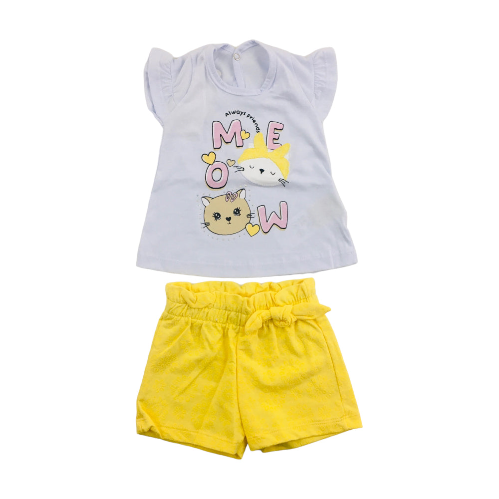 Conjunto Feminino Brincar E Arte Meow Blusa Meia Manga E Short Moletinho