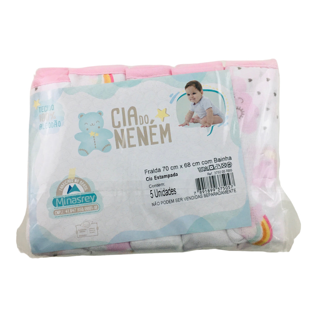 Kit Fralda Cia Do Nenem Com Bainha 5 Peças