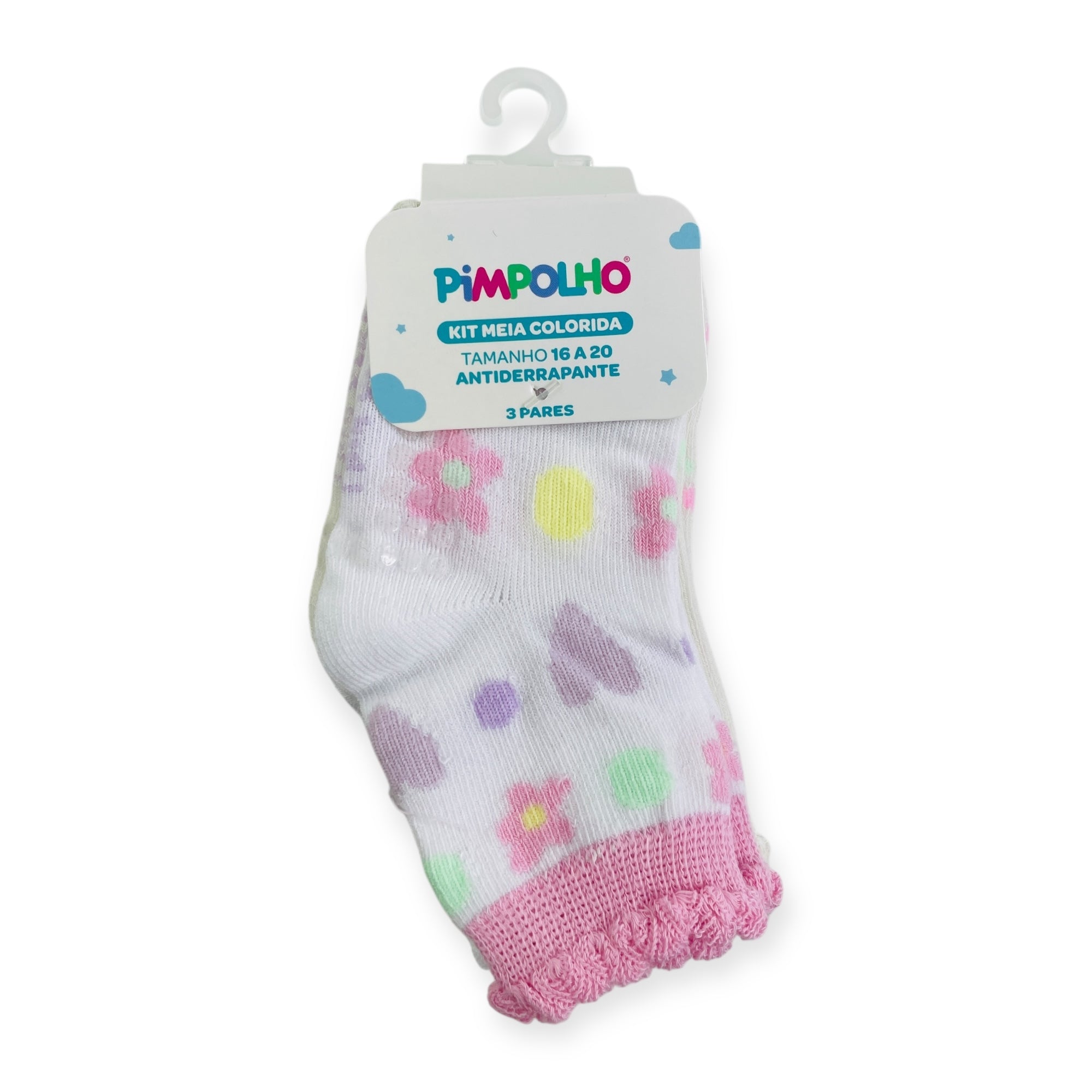 Kit Meia Colorida Feminino Pimpolho Antiderrapante Com 3 Pares