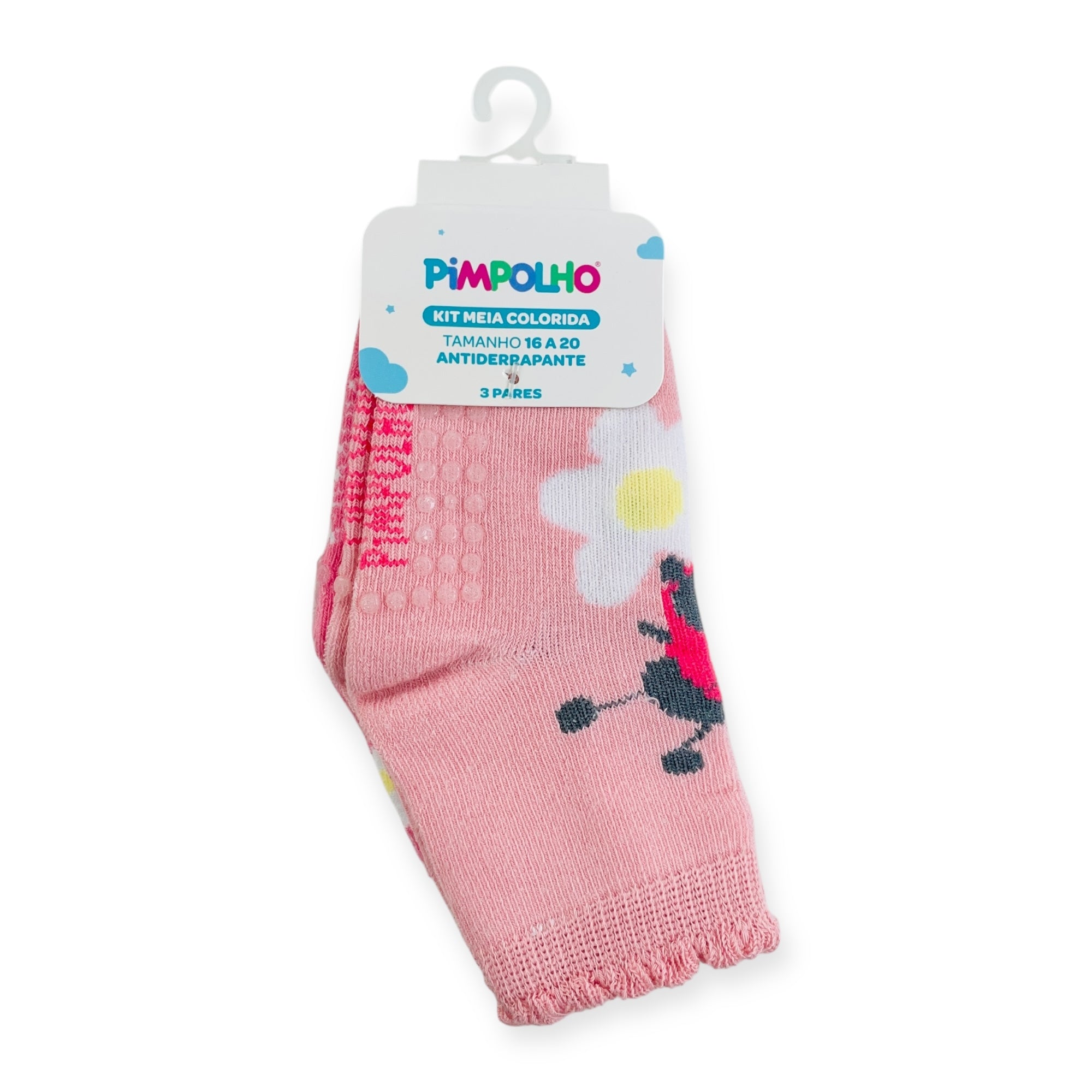 Kit Meia Colorida Feminino Pimpolho Antiderrapante Com 3 Pares