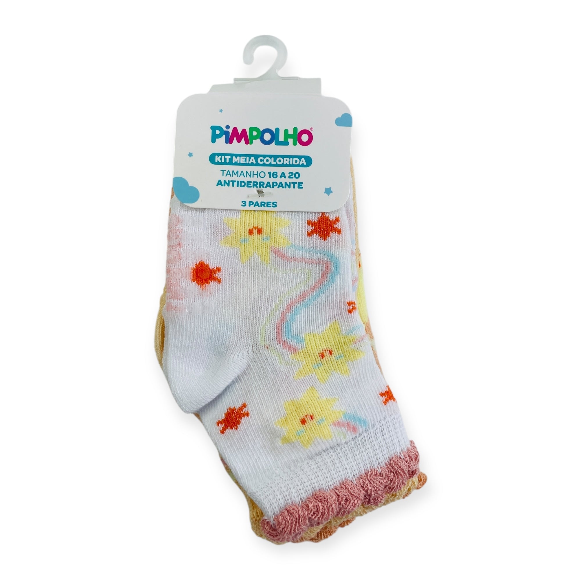 Kit Meia Colorida Feminino Pimpolho Antiderrapante Com 3 Pares